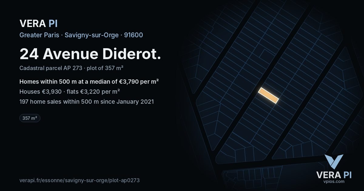 24 Avenue Diderot, Savigny-sur-Orge at night – the plot lit, the parcels around coloured by the prices near them