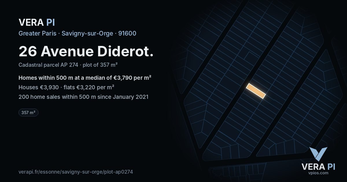 26 Avenue Diderot, Savigny-sur-Orge at night – the plot lit, the parcels around coloured by the prices near them