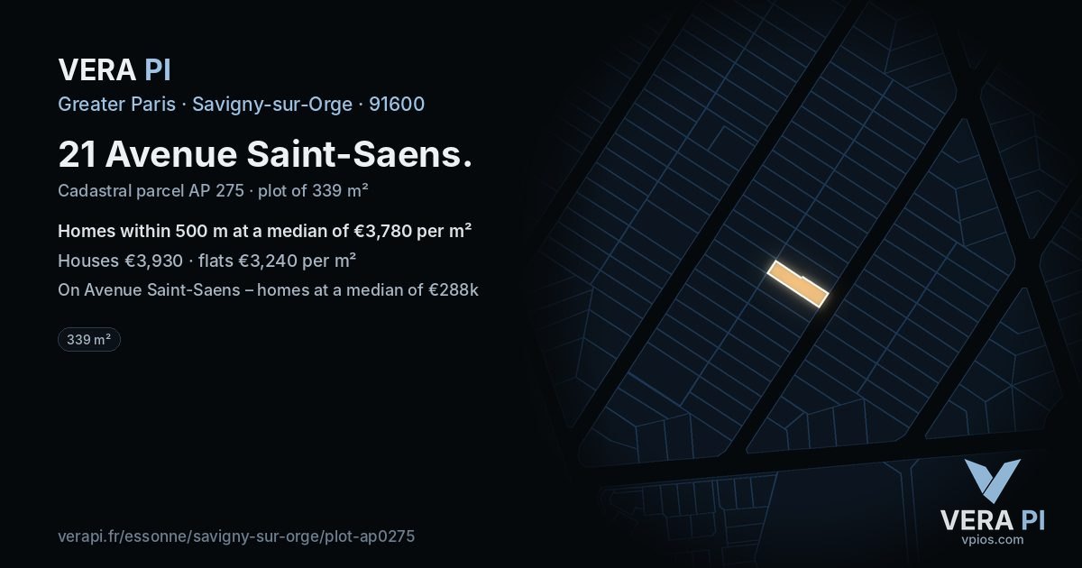 21 Avenue Saint-Saens, Savigny-sur-Orge at night – the plot lit, the parcels around coloured by the prices near them
