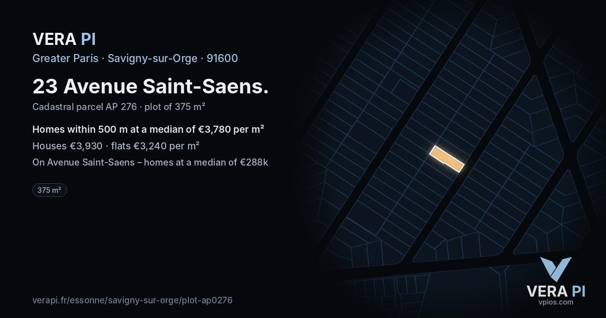 23 Avenue Saint-Saens, Savigny-sur-Orge at night – the plot lit, the parcels around coloured by the prices near them