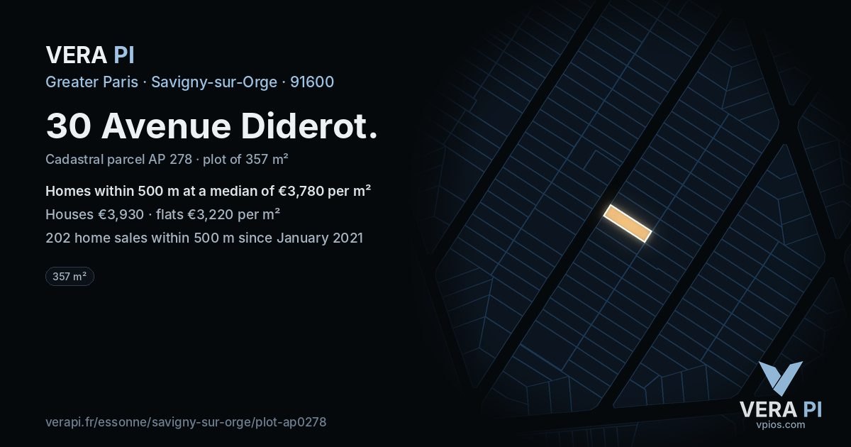 30 Avenue Diderot, Savigny-sur-Orge at night – the plot lit, the parcels around coloured by the prices near them