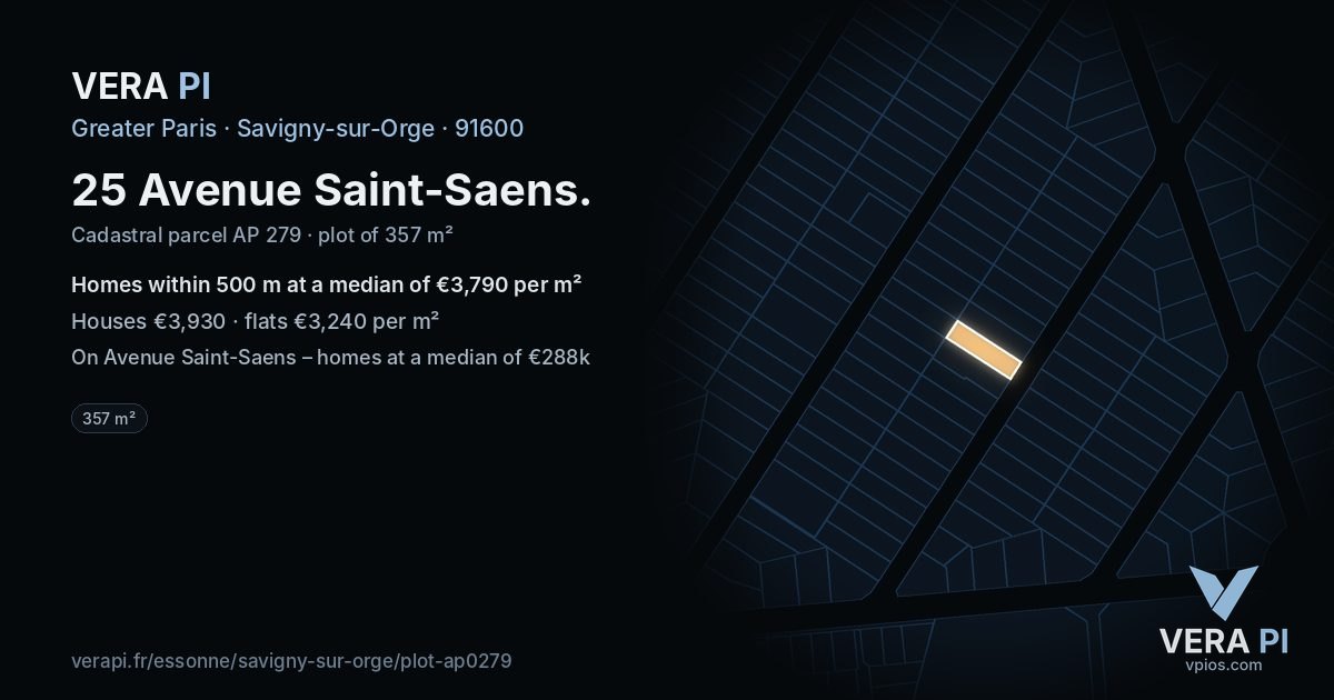 25 Avenue Saint-Saens, Savigny-sur-Orge at night – the plot lit, the parcels around coloured by the prices near them