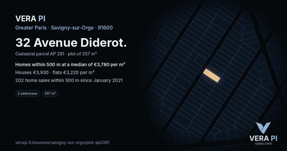 32 Avenue Diderot, Savigny-sur-Orge at night – the plot lit, the parcels around coloured by the prices near them
