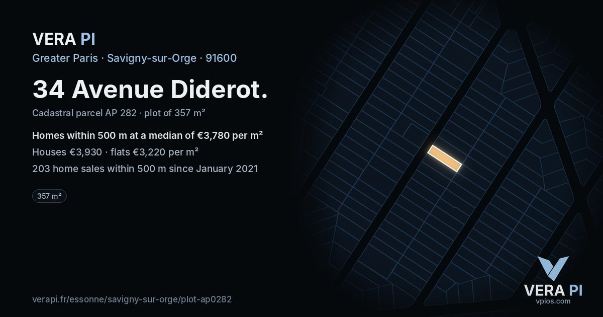 34 Avenue Diderot, Savigny-sur-Orge at night – the plot lit, the parcels around coloured by the prices near them