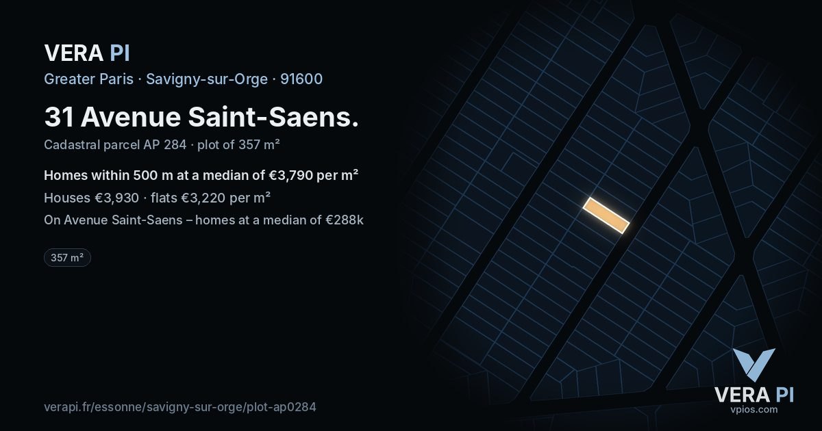 31 Avenue Saint-Saens, Savigny-sur-Orge at night – the plot lit, the parcels around coloured by the prices near them