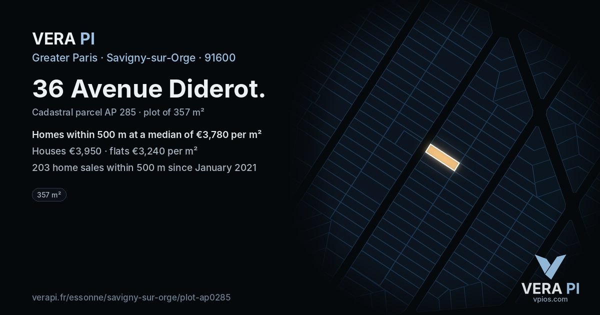 36 Avenue Diderot, Savigny-sur-Orge at night – the plot lit, the parcels around coloured by the prices near them