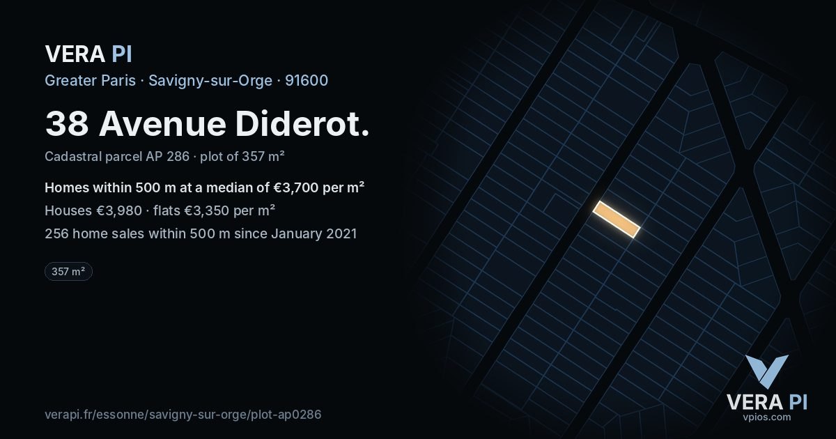 38 Avenue Diderot, Savigny-sur-Orge at night – the plot lit, the parcels around coloured by the prices near them