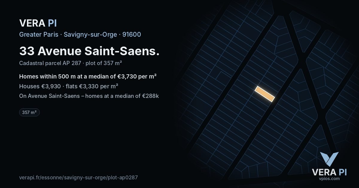 33 Avenue Saint-Saens, Savigny-sur-Orge at night – the plot lit, the parcels around coloured by the prices near them