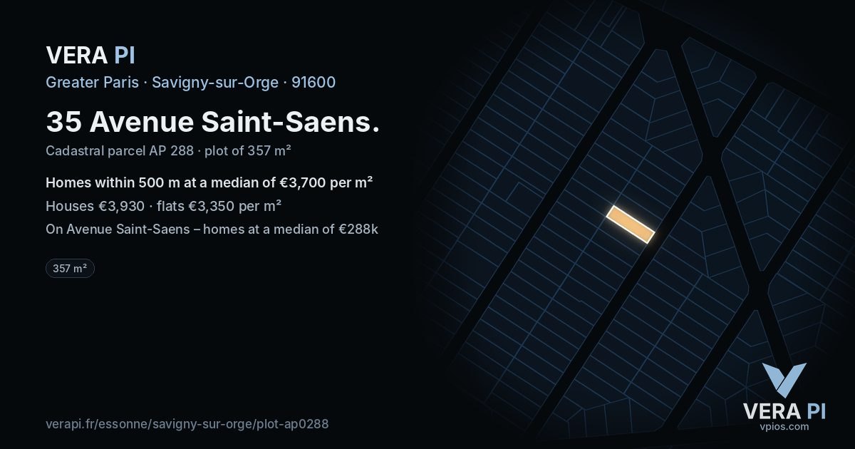 35 Avenue Saint-Saens, Savigny-sur-Orge at night – the plot lit, the parcels around coloured by the prices near them
