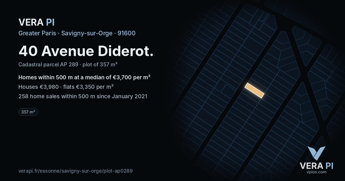40 Avenue Diderot, Savigny-sur-Orge at night – the plot lit, the parcels around coloured by the prices near them