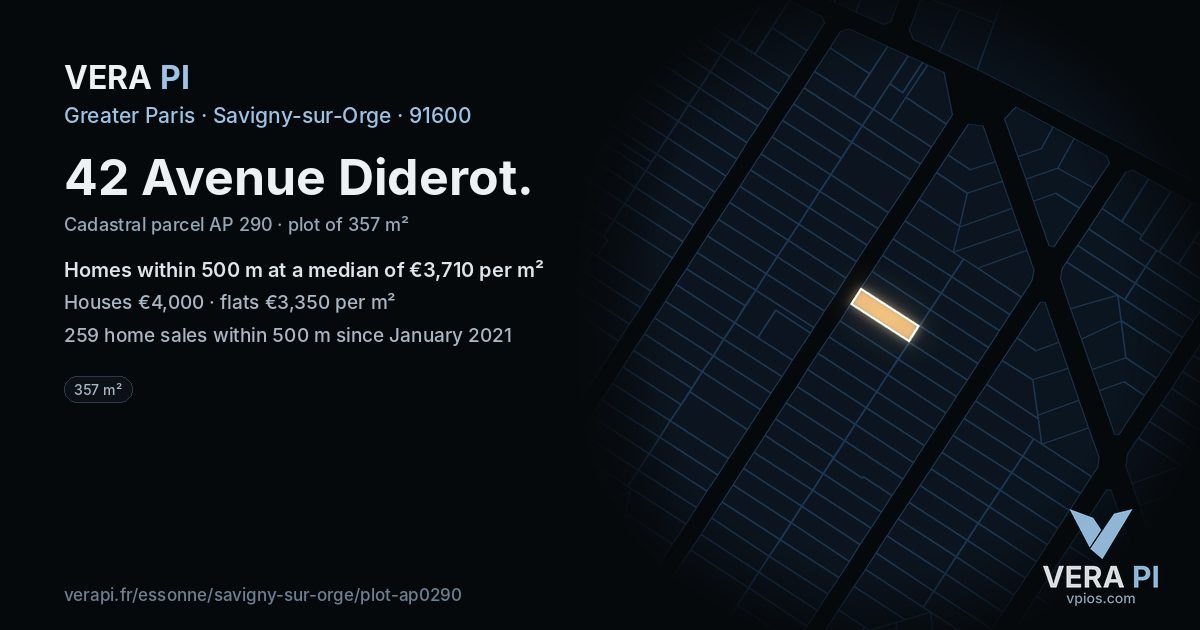 42 Avenue Diderot, Savigny-sur-Orge at night – the plot lit, the parcels around coloured by the prices near them