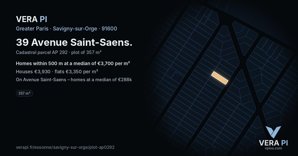 39 Avenue Saint-Saens, Savigny-sur-Orge at night – the plot lit, the parcels around coloured by the prices near them