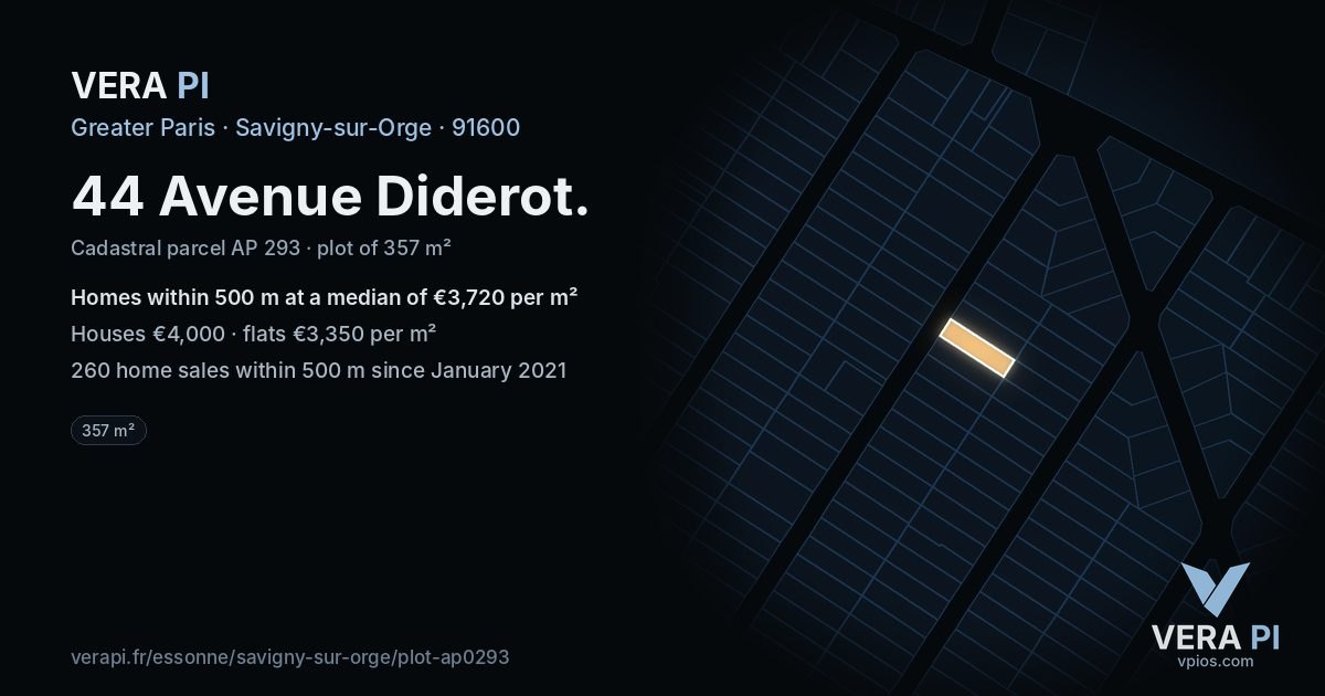 44 Avenue Diderot, Savigny-sur-Orge at night – the plot lit, the parcels around coloured by the prices near them