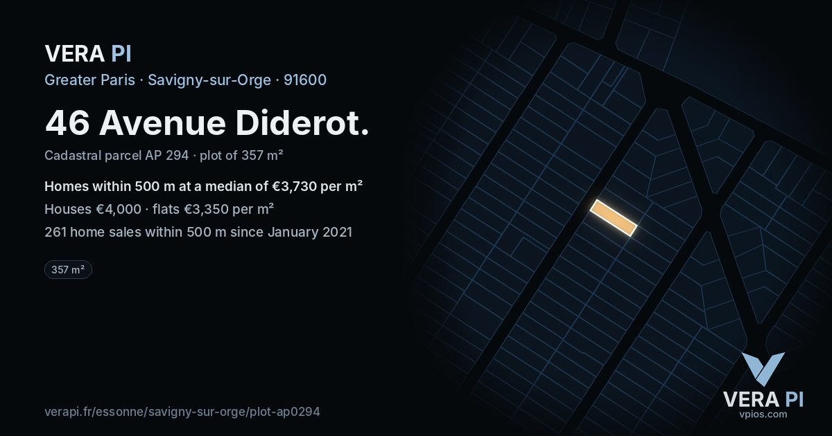 46 Avenue Diderot, Savigny-sur-Orge at night – the plot lit, the parcels around coloured by the prices near them