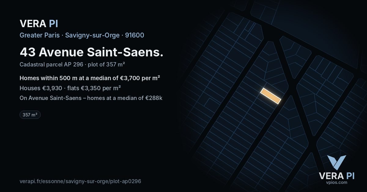 43 Avenue Saint-Saens, Savigny-sur-Orge at night – the plot lit, the parcels around coloured by the prices near them