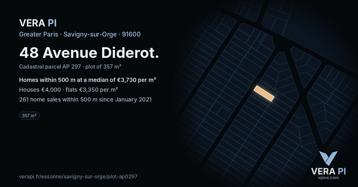 48 Avenue Diderot, Savigny-sur-Orge at night – the plot lit, the parcels around coloured by the prices near them