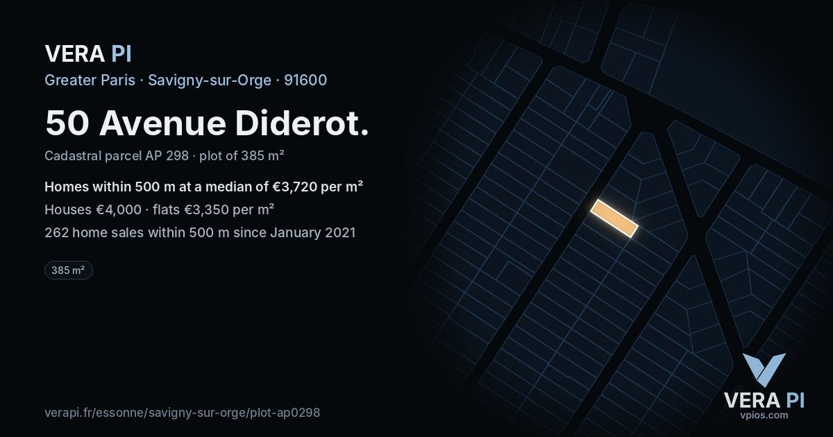 50 Avenue Diderot, Savigny-sur-Orge at night – the plot lit, the parcels around coloured by the prices near them