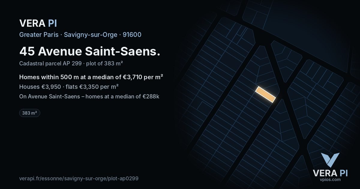 45 Avenue Saint-Saens, Savigny-sur-Orge at night – the plot lit, the parcels around coloured by the prices near them