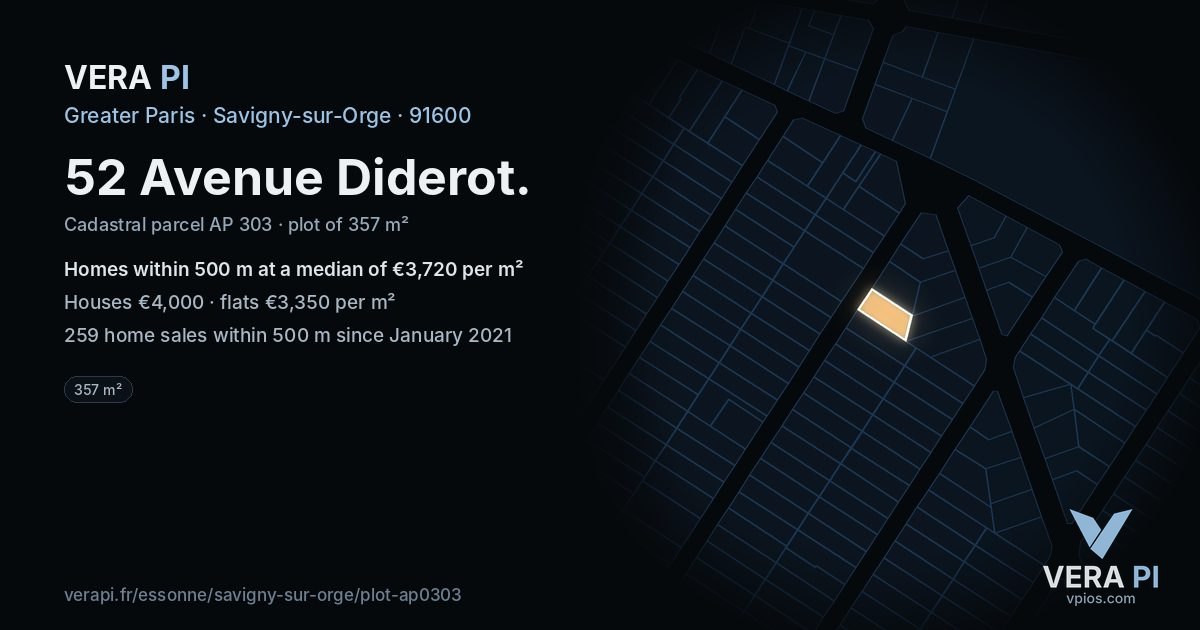 52 Avenue Diderot, Savigny-sur-Orge at night – the plot lit, the parcels around coloured by the prices near them
