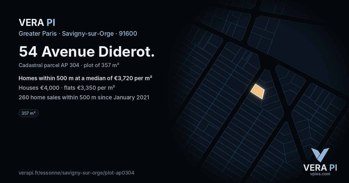 54 Avenue Diderot, Savigny-sur-Orge at night – the plot lit, the parcels around coloured by the prices near them