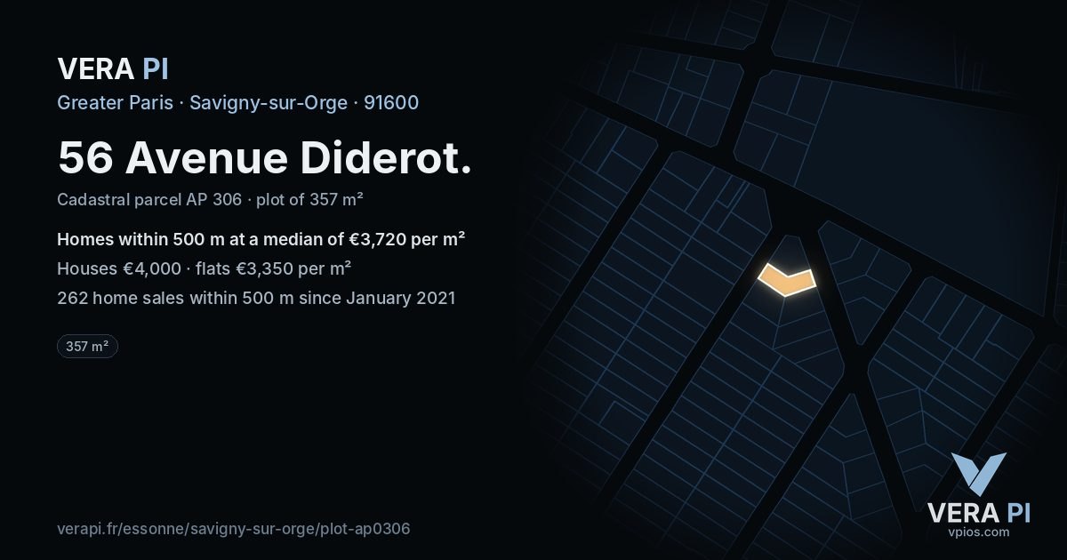 56 Avenue Diderot, Savigny-sur-Orge at night – the plot lit, the parcels around coloured by the prices near them