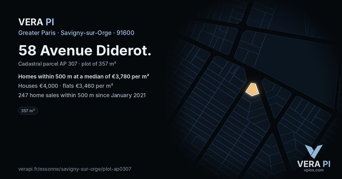 58 Avenue Diderot, Savigny-sur-Orge at night – the plot lit, the parcels around coloured by the prices near them