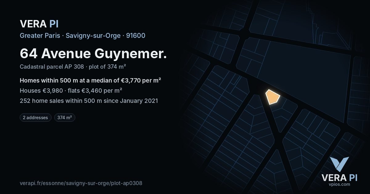 64 Avenue Guynemer, Savigny-sur-Orge at night – the plot lit, the parcels around coloured by the prices near them