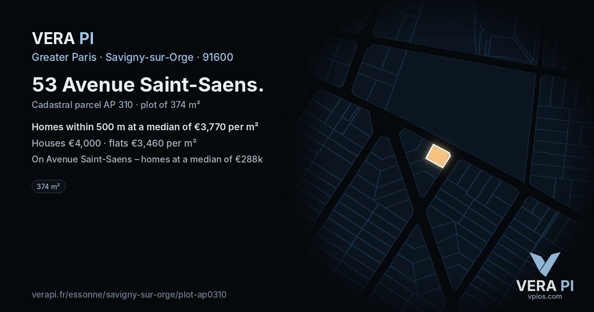 53 Avenue Saint-Saens, Savigny-sur-Orge at night – the plot lit, the parcels around coloured by the prices near them