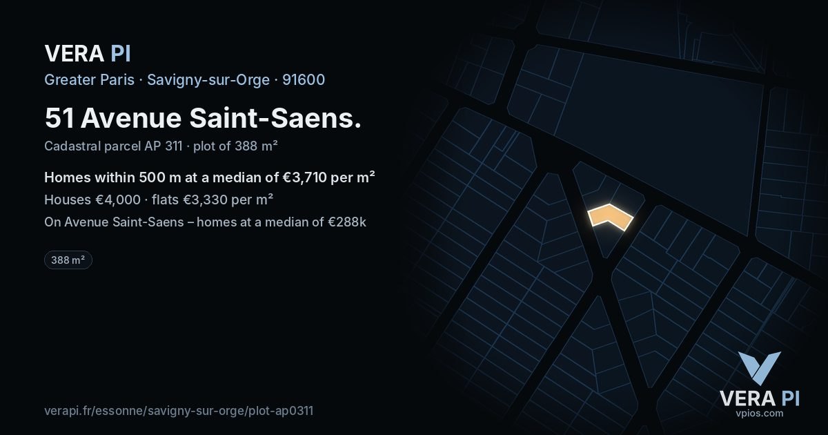 51 Avenue Saint-Saens, Savigny-sur-Orge at night – the plot lit, the parcels around coloured by the prices near them