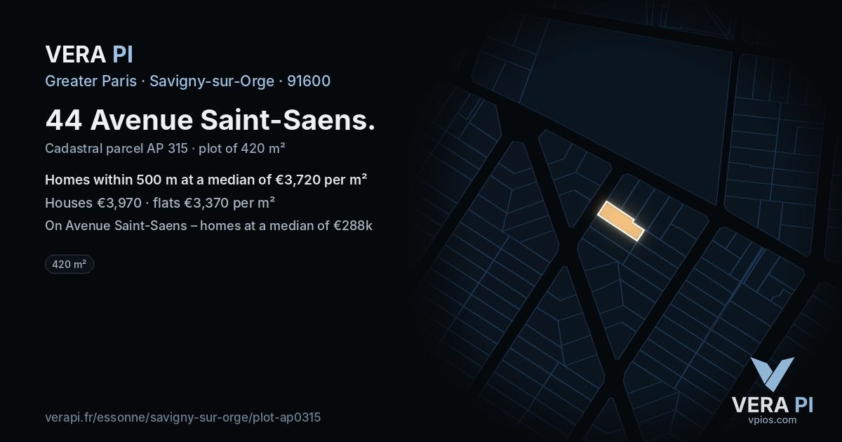 44 Avenue Saint-Saens, Savigny-sur-Orge at night – the plot lit, the parcels around coloured by the prices near them