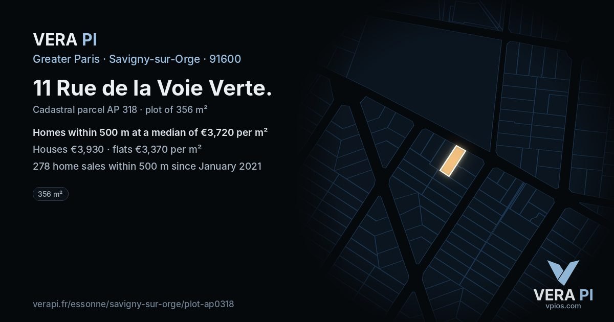 11 Rue de la Voie Verte, Savigny-sur-Orge at night – the plot lit, the parcels around coloured by the prices near them