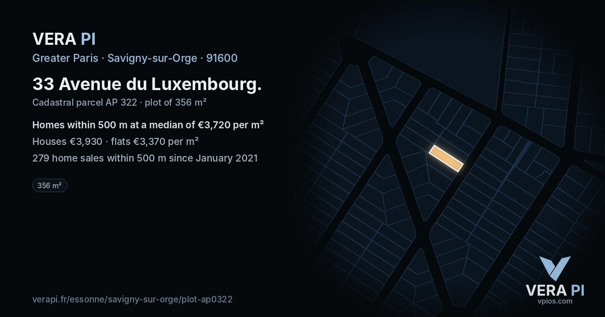 33 Avenue du Luxembourg, Savigny-sur-Orge at night – the plot lit, the parcels around coloured by the prices near them