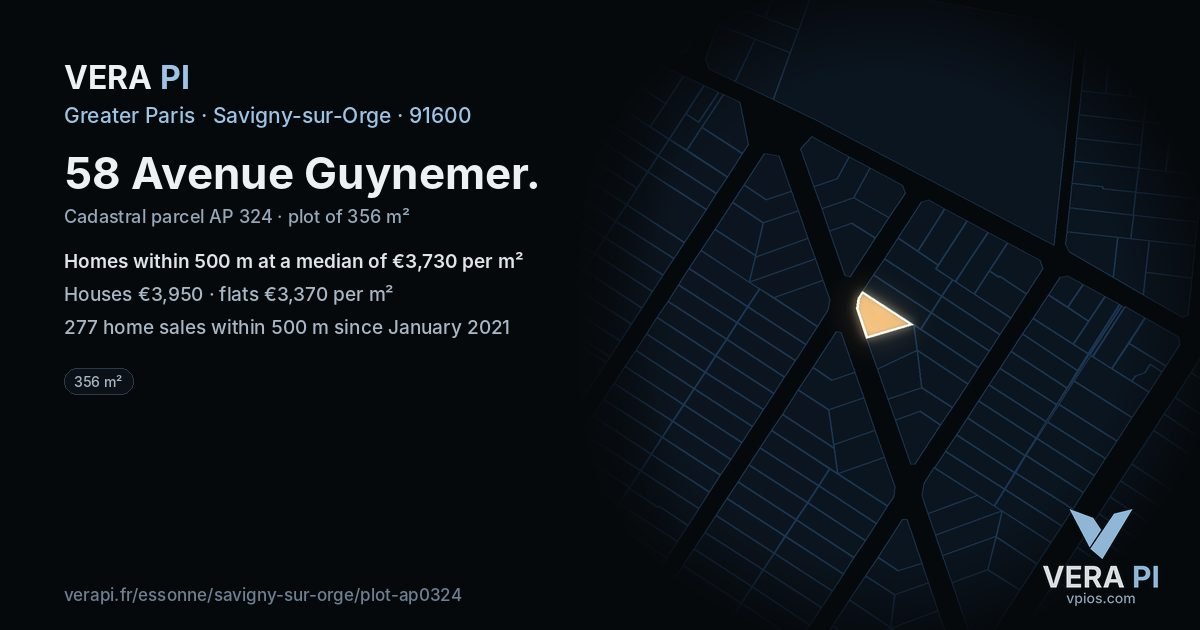 58 Avenue Guynemer, Savigny-sur-Orge at night – the plot lit, the parcels around coloured by the prices near them