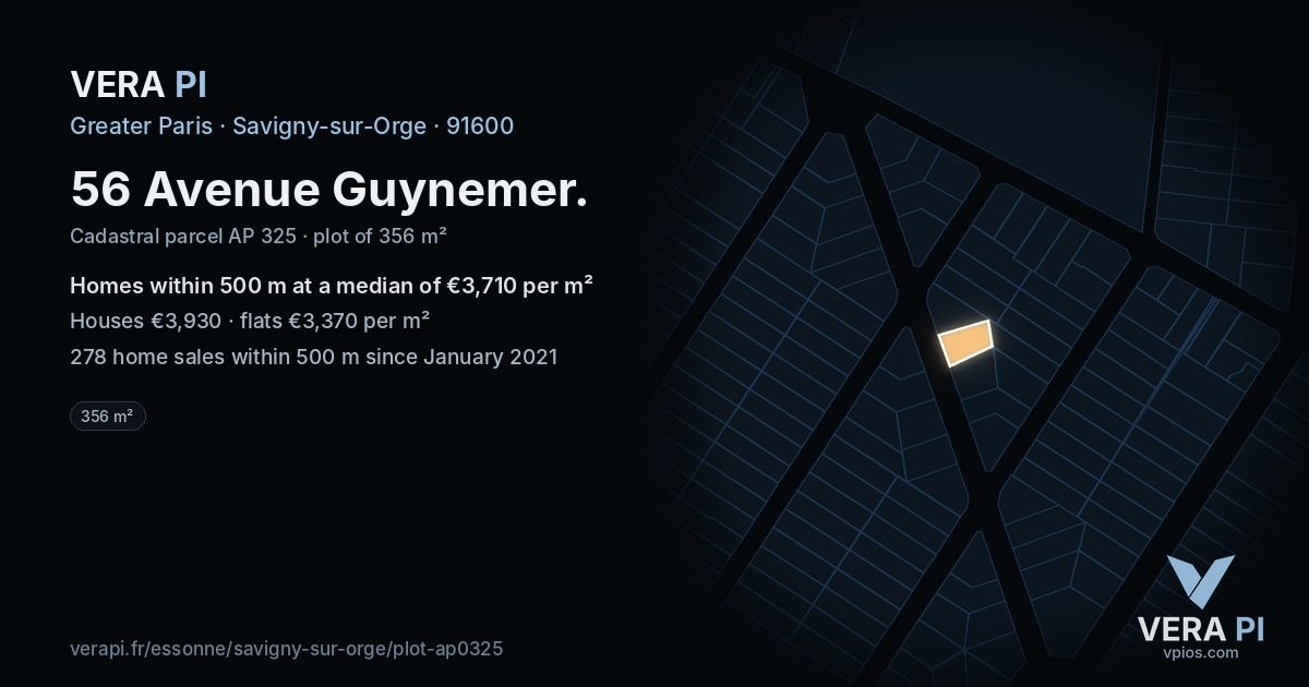 56 Avenue Guynemer, Savigny-sur-Orge at night – the plot lit, the parcels around coloured by the prices near them