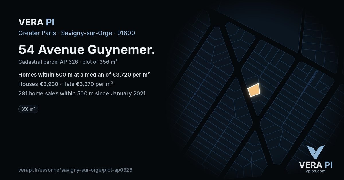 54 Avenue Guynemer, Savigny-sur-Orge at night – the plot lit, the parcels around coloured by the prices near them