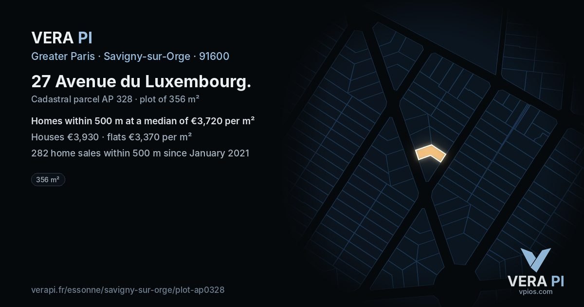 27 Avenue du Luxembourg, Savigny-sur-Orge at night – the plot lit, the parcels around coloured by the prices near them