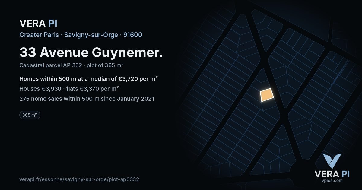 33 Avenue Guynemer, Savigny-sur-Orge at night – the plot lit, the parcels around coloured by the prices near them
