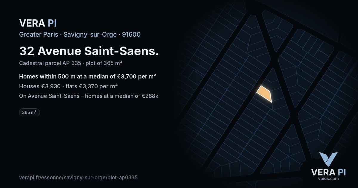 32 Avenue Saint-Saens, Savigny-sur-Orge at night – the plot lit, the parcels around coloured by the prices near them
