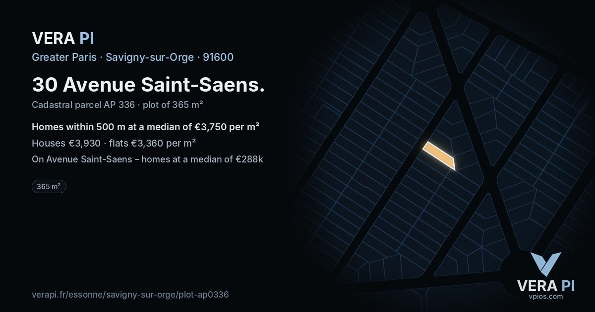 30 Avenue Saint-Saens, Savigny-sur-Orge at night – the plot lit, the parcels around coloured by the prices near them