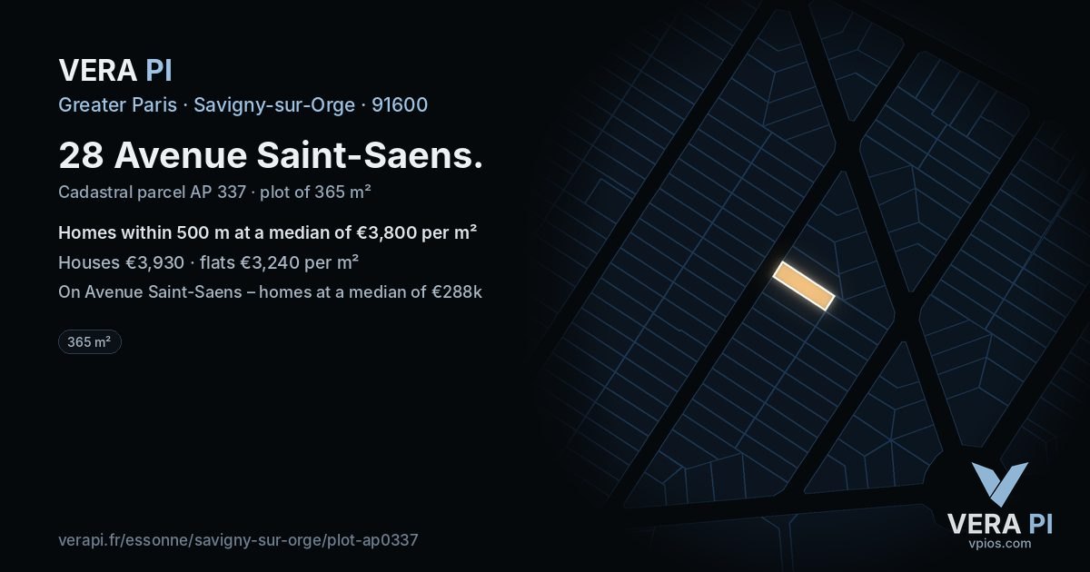 28 Avenue Saint-Saens, Savigny-sur-Orge at night – the plot lit, the parcels around coloured by the prices near them
