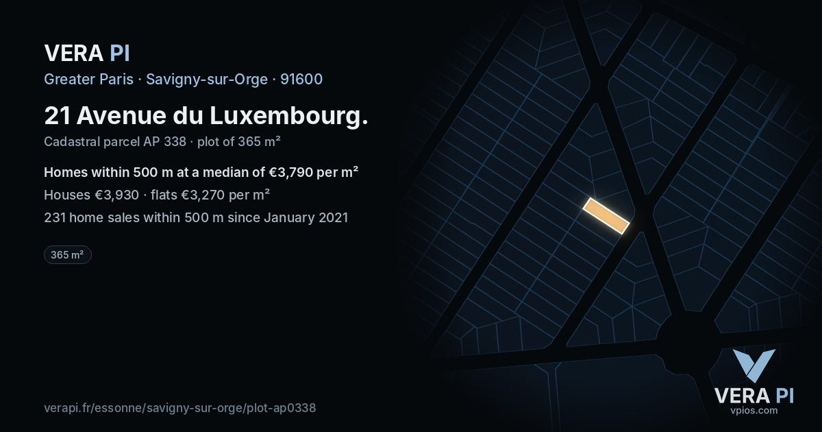 21 Avenue du Luxembourg, Savigny-sur-Orge at night – the plot lit, the parcels around coloured by the prices near them