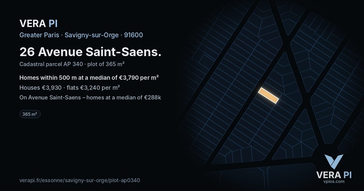 26 Avenue Saint-Saens, Savigny-sur-Orge at night – the plot lit, the parcels around coloured by the prices near them