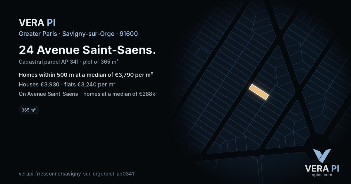 24 Avenue Saint-Saens, Savigny-sur-Orge at night – the plot lit, the parcels around coloured by the prices near them