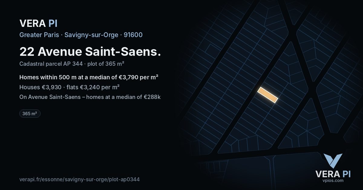 22 Avenue Saint-Saens, Savigny-sur-Orge at night – the plot lit, the parcels around coloured by the prices near them