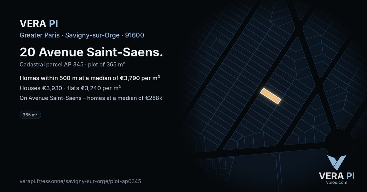 20 Avenue Saint-Saens, Savigny-sur-Orge at night – the plot lit, the parcels around coloured by the prices near them