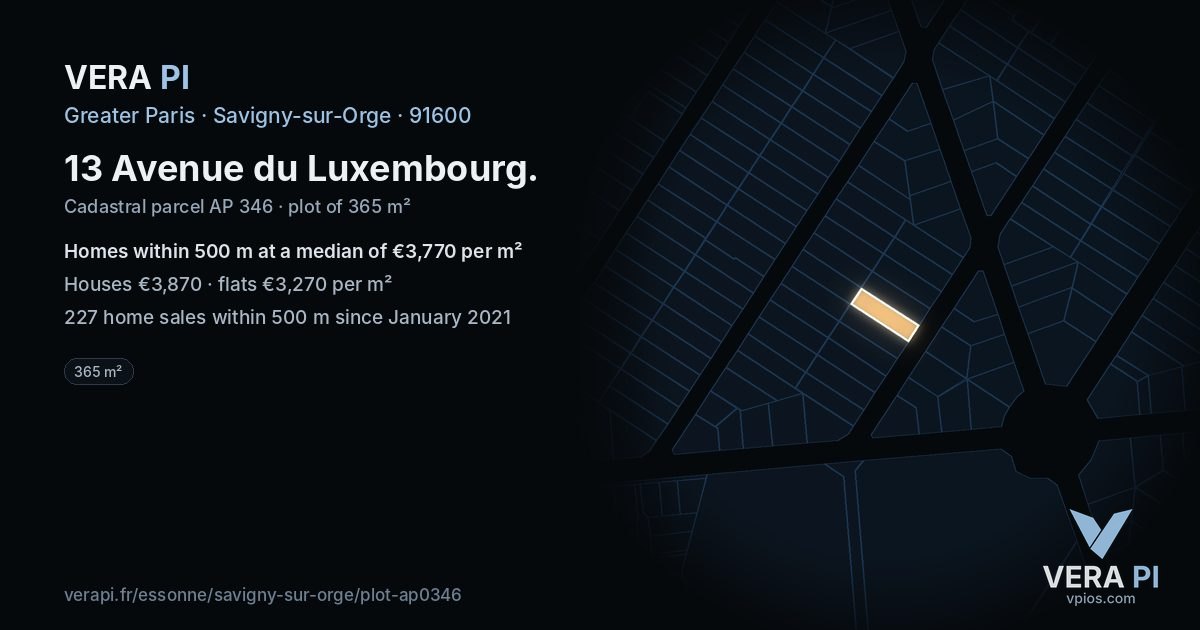 13 Avenue du Luxembourg, Savigny-sur-Orge at night – the plot lit, the parcels around coloured by the prices near them
