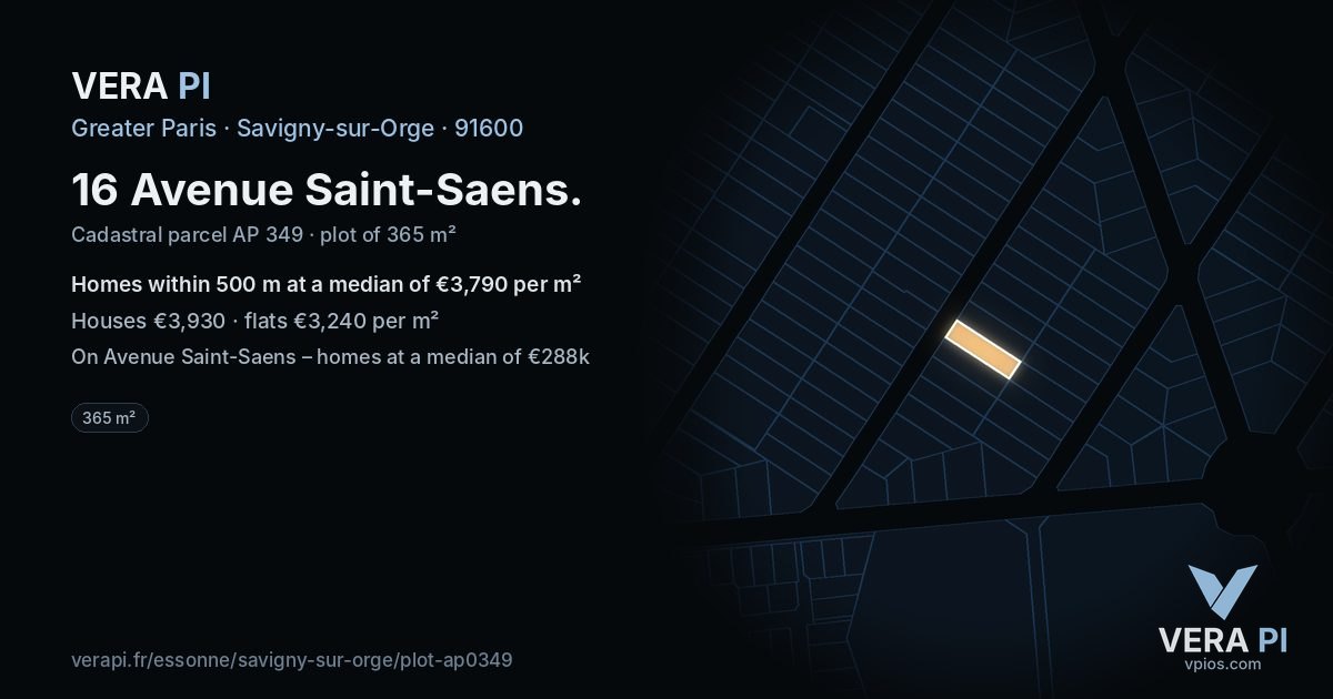 16 Avenue Saint-Saens, Savigny-sur-Orge at night – the plot lit, the parcels around coloured by the prices near them