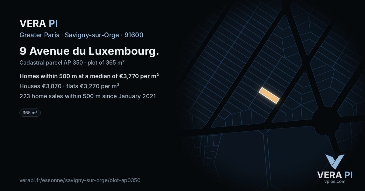 9 Avenue du Luxembourg, Savigny-sur-Orge at night – the plot lit, the parcels around coloured by the prices near them