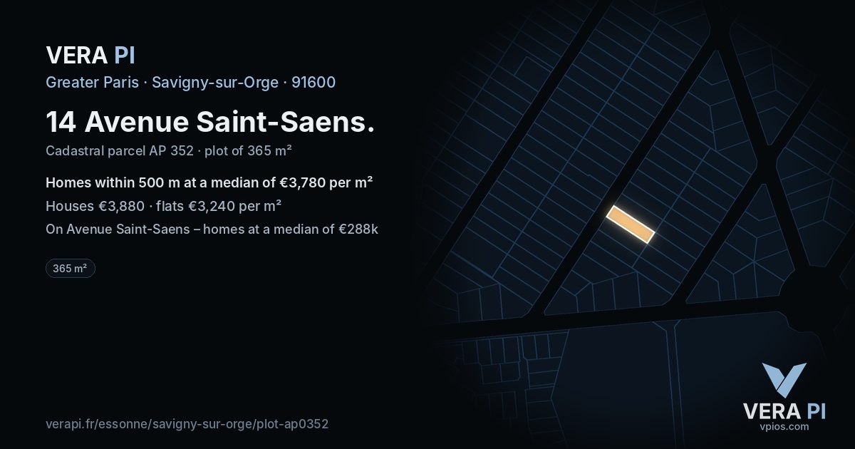14 Avenue Saint-Saens, Savigny-sur-Orge at night – the plot lit, the parcels around coloured by the prices near them