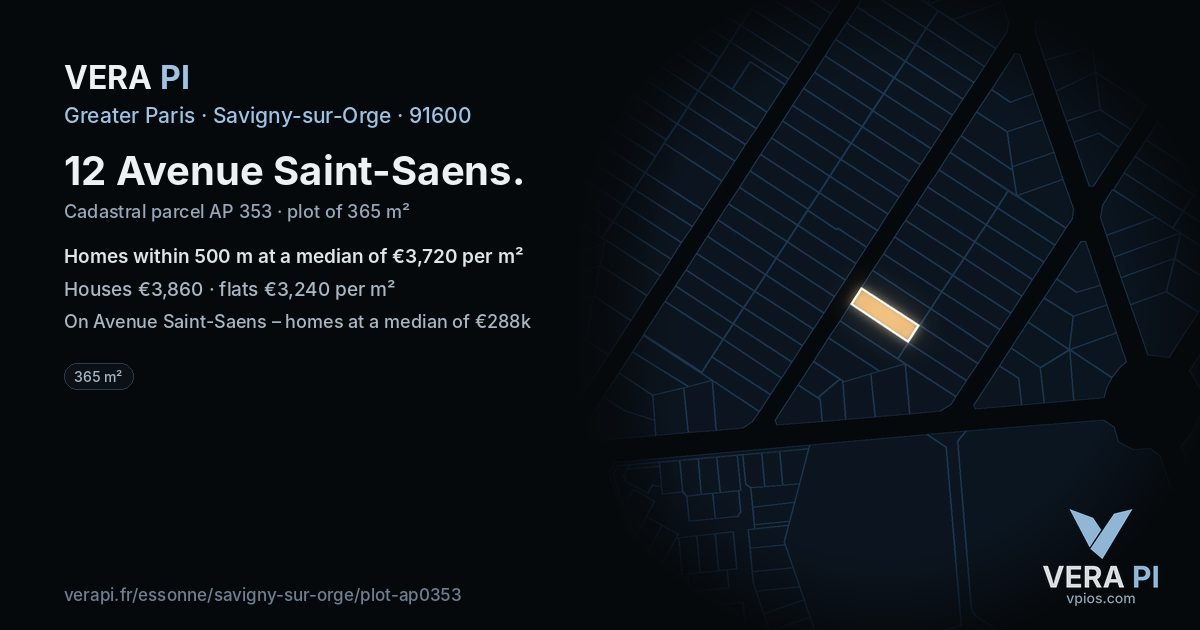 12 Avenue Saint-Saens, Savigny-sur-Orge at night – the plot lit, the parcels around coloured by the prices near them
